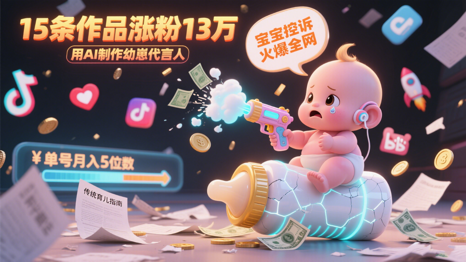 用AI制作幼崽代言人，宝宝的控诉火爆全网，15条作品涨粉13万，单号月入5位数实操教程-问小徐资源库