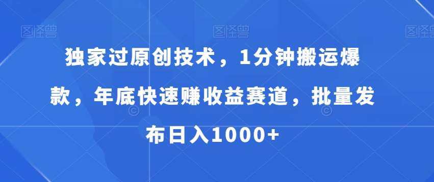 独家过原创技术，1分钟搬运爆款，年底快速赚收益赛道，批量发布日入1000+【揭秘】-问小徐资源库