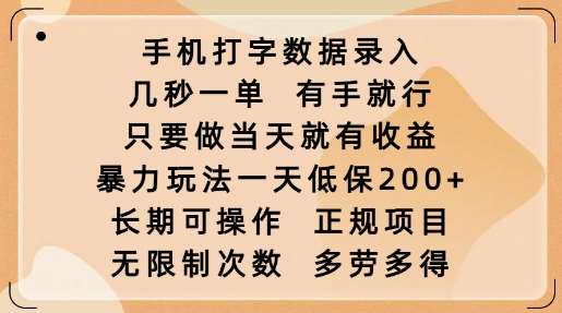 手机打字数据录入，几秒一单，有手就行，只要做当天就有收益，暴力玩法一天低保2张-问小徐资源库