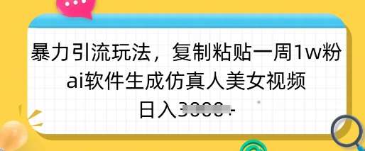 暴力引流玩法，复制粘贴一周1w粉，ai软件生成仿真人美女视频，日入多张-问小徐资源库