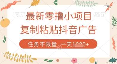最新零撸小项目，复制粘贴抖音广告即可挣钱，平台大水，任务不限量，一天数张【揭秘】-问小徐资源库
