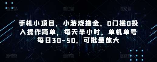 手机小项目，小游戏撸金，0门槛0投入操作简单，每天半小时，单机单号每日30-50，可批量放大-问小徐资源库