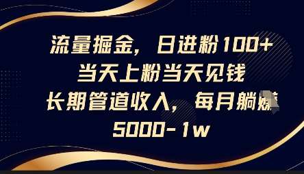 流量掘金，日进粉100+，当天上粉当天见钱，长期管道收入，每月躺挣5k-问小徐资源库