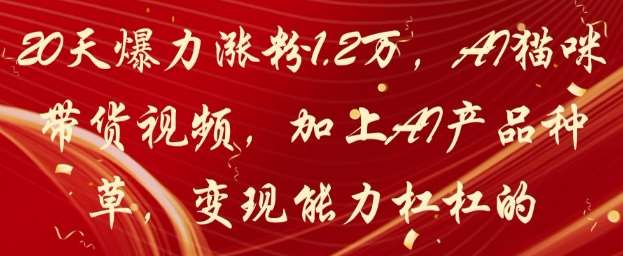 20天爆力涨粉1.2W，AI猫咪带货视频，加上AI产品种草，变现能力杠杠的-问小徐资源库