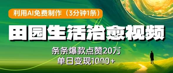 利用AI免费制作田园生活治愈视频，条条爆款点赞20W，单日变现几张-问小徐资源库