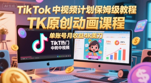 TikTok中视频计划保姆级教程，TK原创动画课程，单账号月收益4k美刀-问小徐资源库