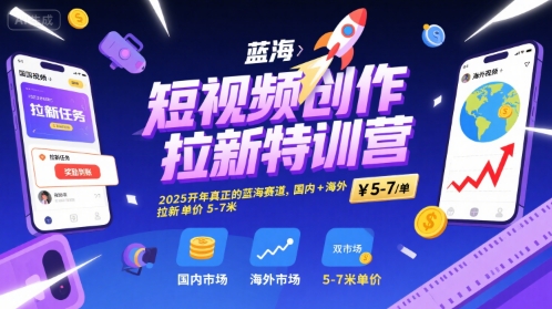 短视频创作拉新特训营，2025开年真正的蓝海赛道，国内+海外，拉新单价5-7米-问小徐资源库
