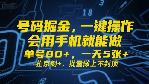 号码掘金，一键操作，会用手机就能做，单号80+，一天5张+，批量做上不封顶【揭秘】-问小徐资源库