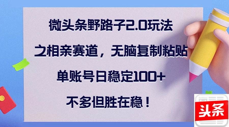 （12763期）微头条野路子2.0玩法之相亲赛道，无脑复制粘贴，单账号日稳定100+，不…-问小徐资源库